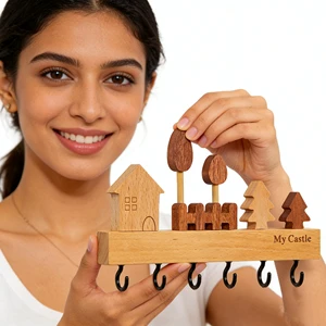Creative Wall-Mounted Wooden Key Hook with Perforation-Free Storage Rack for Entrance/Foyer