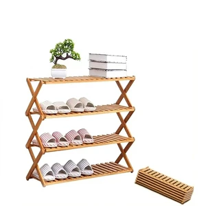 Wholesale 4 Tier Customized Portable No Assembly Foldable Designs Amazing Living Wooden Bamboo Panel Shoe Racks For Home