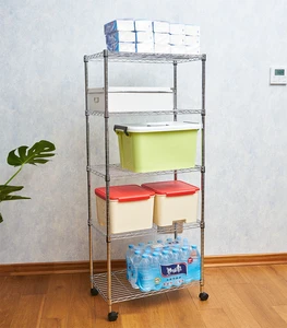 Multi-functional 5 Tier Wire Shelving Home Storage Organizer Rolling Chrome Wire Rack with Wheel