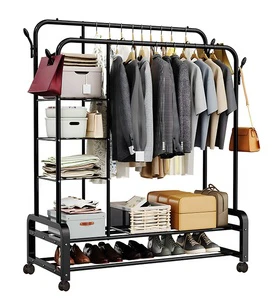 Double Rods Garment Rack With Wheels, Clothing Rack For Hanging Clothes