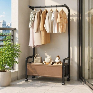 Floor-Standing Iron Corner Coat Rack Double Tier Modern Living Room Bedroom Use Bedside Clothes Stand Detachable Storage