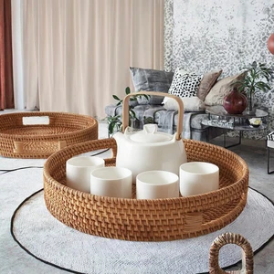 Handwoven Round Rattan Basket Tray with Handles Woven Storage Bin for Living Room Kitchen Bedroom Decor