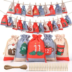 Christmas Linen Drawstring Bag Advent Calendar Countdown Set 24 Bags 24 Clips Hemp Rope Custom Logo Candy Packaging Holiday