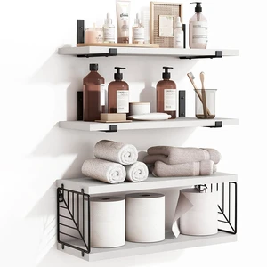 Farmhouse Country Wooden Floating Shelf 3+1 Tier Wall-Mounted Storage Rack Metal Grid 15.8 Inches for Bathroom Living Room