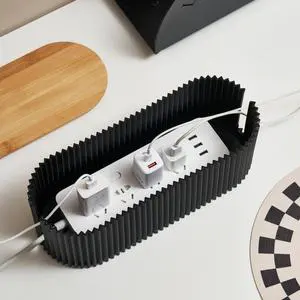 Modern Standing Plastic Cable Management Box with Bamboo Cover, Plug Cable Container Organiser for Wire & Cord Storage