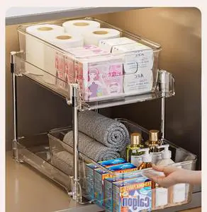 2 Tier Clear Under Sink Organizer, Pull Out Drawer Storage Rack, Multi-Purpose Sliding Cabinet Basket for Kitchen Bathroom