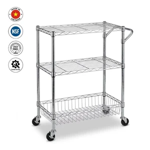 Detachable 3 Tier Chrome Wire Rolling Cart with Deep Basket Wheeled Food Storage Trolley for Catering & Warehouse