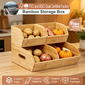 FSC Stackable Bamboo Food Storage Container Pantry Organizers Fruit Basket With Handle For Kitchen Countertop Fruits Vegetables