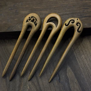 Vintage Retro Chinese Wooden Sandalwood Carved Long Horn Fork Pen Hairpin Wood Chopsticks Hair Sticks Pins Picks For Women