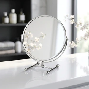High Quality Custom Logo Chrome Finish Dual Sided Round Desktop Metal Table Stand Cosmetic Mirror Iron Makeup Mirror For Home