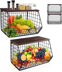 2pcs Fruit Basket Onion Storage Wire Baskets with Wood Lid Stackable Wall-mounted & Counter Top Tiered Kitchen Counter Organizer