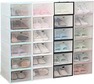 Household Multi-Color Foldable Plastic Storage Box Stackable Shoe Organizer with Drop Front Access for Home Use