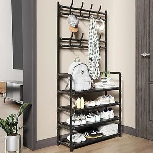 4-Tier Coat and Shoe Rack with 8 Hooks Entryway Organizer for Living Room Bedroom Office Storage Space Saving Coat Rack