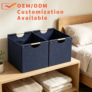 Navy Blue Fabric Cube Storage Bins With Wooden Handles, Foldable Closet Organizer Baskets, Factory Direct Wholesale, OEM/ODM