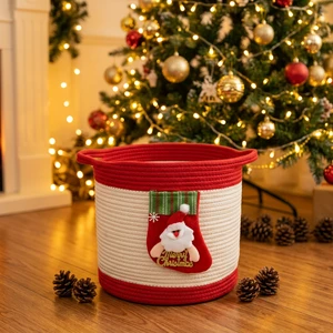 Festive Santa Stocking Cotton Basket Decorative Woven Storage Bin for Christmas Home Decor and Toy Storage
