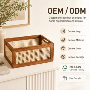 Bedroom Closet Kitchen Countertop Organizer For Household Display Customizable Dark Walnut Frame Woven Rattan Storage Basket