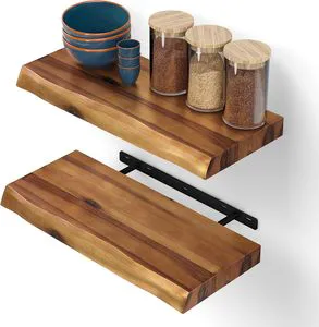 Natural Solid Wood Floating Wall Shelves Set, Wall-Mounted Shelf For Kitchen & Home Storage