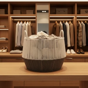 Trendy Handmade Modern Hanging Paper Rope Woven Storage Baskets with Two-Tone Handles Eco-Friendly Lightweight Fabric Organizer