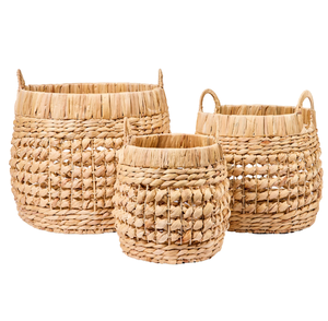 Wholesale Round Woven Water Hyacinth Basket with Braided Handles Natural Fiber Storage Basket for Laundry Toys Home Organization