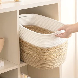 Cross-border Cotton Rope Woven Handheld Storage Basket-Foldable Stackable 29L Capacity Modern Minimalist Design Cosmetics Large