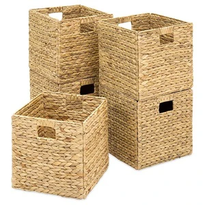 Handwoven Basket Water Hyacinth Foldable Storage Wicker Basket Organizer Storage Box Utility Cabinet Basket