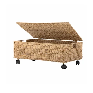Home Multi-functional Natural Water Hyacinth Rectangle Underbed Storage Box Wheels Eco-Friendly Durable Multi-Purpose Organizer