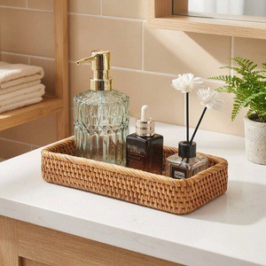 CF Handwoven Rectangular Rattan Storage Tray Eco-Friendly Woven Bathroom Vanity Organizer Tank Top Basket For Home Hotel Sp