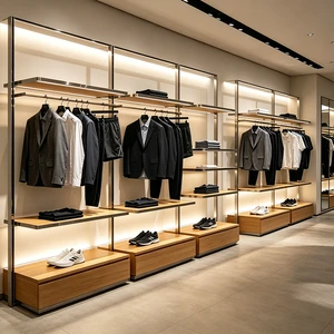 Custom Light-luxury Brushed Stainless Steel Wood Wall-mounted Lighting Suit Display Rack Cabinets Showcase For Apparel Stores