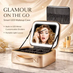 Custom Logo Waterproof Large PU Leather Travel Train Cosmetic Make up Case Makeup Bag with LED Lighting Mirror for Women