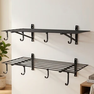 JH-Mech Storage Shelf for Garage with Hooks 2-Tier Wall Mounted 520 Lbs Capacity Black Steel Heavy Duty Garage Shelving