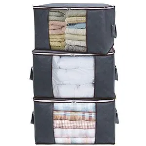 Breathable Wardrobe Organizer Bag with Handle Clear Window Non-woven Clothes Storage Bags Grey 180g Clothing PVC Foldable Square