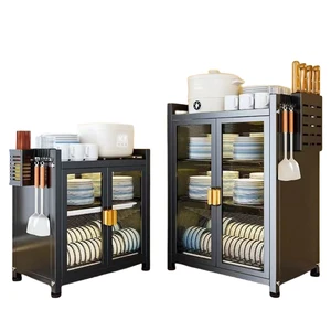 Large Capacity Metal Carbon Steel Double Tier Standing Multifunction Kitchen Storage Cabinet Bowls Dishes Dustproof Doors