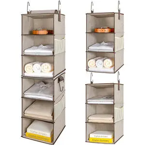 Foldable Fabric Closer Storage Bag for Clothes Two 3-Shelf Separable Hanging Closet Storage Organizers