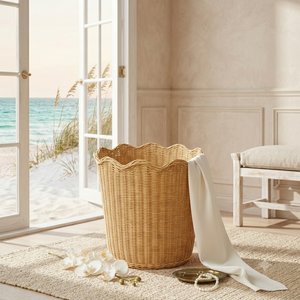 100% Natural Premium Rattan Wicker Woven Basket Cylindrical Scalloped Wavy Rim Waterproof Space-Saving for Toy Clothing Storage