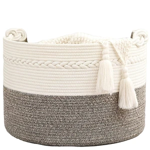 Large Woven Fabric Storage Basket with Cotton Rope Handle White Grey Blanket Nursery Toy or Living Room Laundry-Versatile Use
