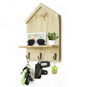 Creative Decorative House Triangle Cute Door Mounted Wooden Wall Holder Hook Key with 3 Hooks