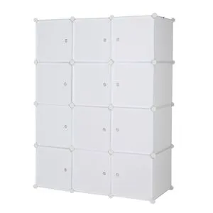 White 12-Compartment Stackable Plastic Cube Storage Shelves Multifunctional Modular Closet Cabinet Hanging Rod Organizing Model
