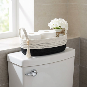 CF Wholesale Handwoven Cotton Rope Storage Basket Slim Rectangular Toilet Tank Top Organizer Bin Decorative Tassels For Bathroom