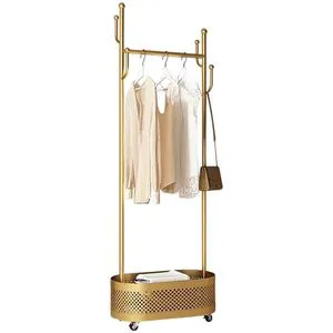 Luxury Gold Carbon Steel Coat Rack Wheels Movable Floor Standing Double Tier Multi-function Hanger for Clothes Shoes Storage