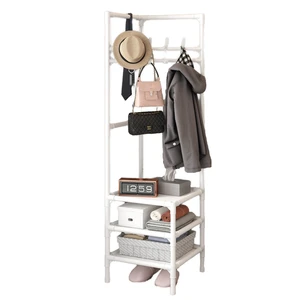Multi-Function Metal Coat Rack Double Tiers Floor Standing Living Room Corner Hanging Clothes Hanger Cabinet Storage Shelf