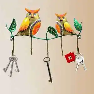 Handcrafted Cast Iron 5 Hooks Self-adhesive Owl Wall Hook Organizer Modern Home Decor Accent Inspired Indian Heritage Gifting