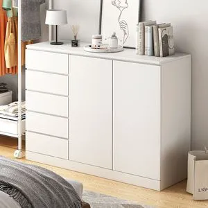 Five-Drawer Chest Cabinet Creamy Style Minimalist Modern Bedroom Living Room Wall-Hugging Storage Unit Disassembled Design MDF