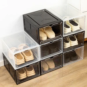 Haogle Wholesale Transparent Drop Front 4pcs Stackable Magnetic Shoe Storage Box Folding Plastic Shoe Box
