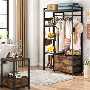 Three-Layer Freestanding Wooden Coat Rack Portable Garment Storage Shelves with Wardrobe Function