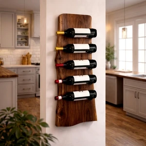 Rustic Wood Wall Mounted Wine Rack With 5 Bottle Holders For Kitchen Storage