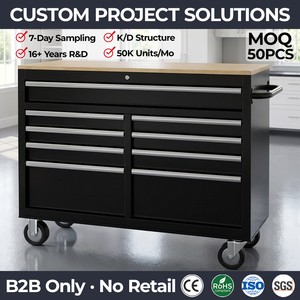Black Metal Tool Chest With Wood Top 11 Drawer Rolling Tool Cabinet Mobile Workshop Workbench Garage Storage Cabinet