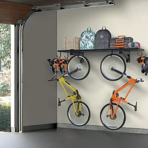 JH-Mech Heavy Duty Garage Storage Shelves Wall Mounted With 6 Hooks 250LB Capacity Steel Frame Garage Wall Shelving
