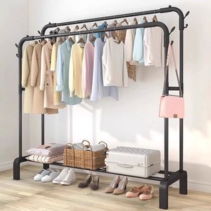 Modern Floor Iron Double Layer Coat Racks Metal Clothes Dryer Hanger Stands Bedroom Shoe Cloth Drying Rack with Wheels Shoe