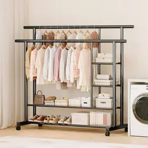 Thickened Metal Double Rod Clothes Rack with 2 Bottom & 2 Side Shelves Multifunction with Wheels for Modern Living Room Storage