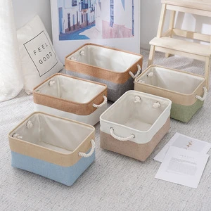 Foldable Cotton Linen Patchwork Storage Basket With Handles Thickened EVA Fabric Toy Organizer Cotton Linen Storage Basket